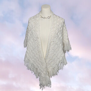 Vtg Off White Handmade Crochet Knit Boho Hippie Festival Prairie Shawl Fringe